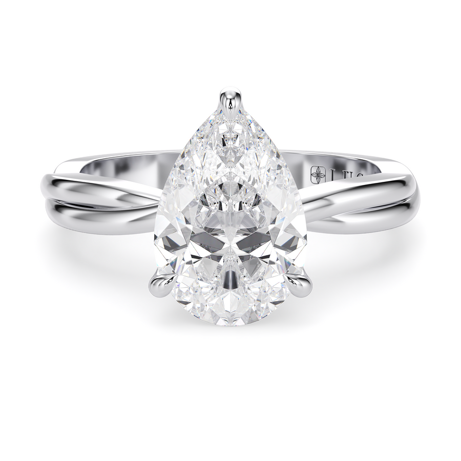 Load image into Gallery viewer, LUCCE Twisting Pear Solitaire Diamond Engagement Ring with Petal Prongs in Gold or Platinum
