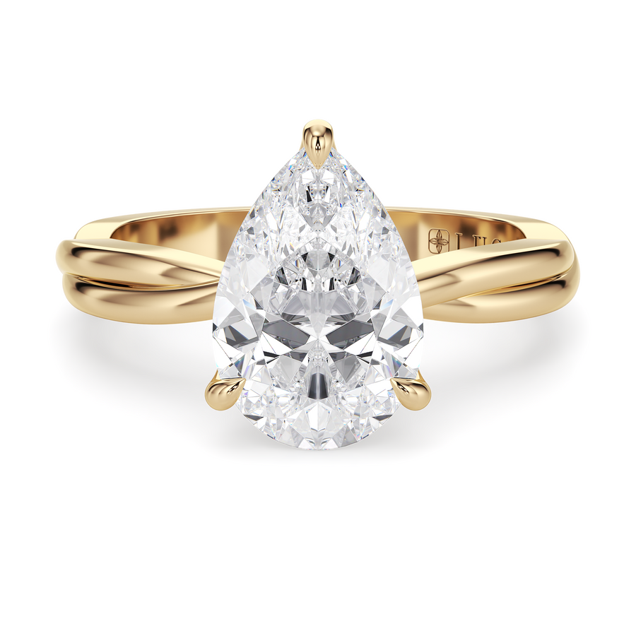 Load image into Gallery viewer, LUCCE Twisting Pear Solitaire Diamond Engagement Ring with Petal Prongs in Gold or Platinum
