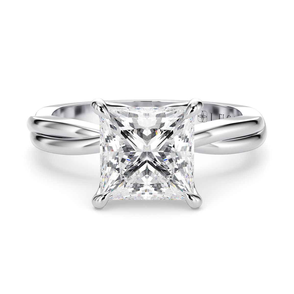 Load image into Gallery viewer, LUCCE Twisting Princess Solitaire Diamond Engagement Ring with Petal Prongs in Gold or Platinum
