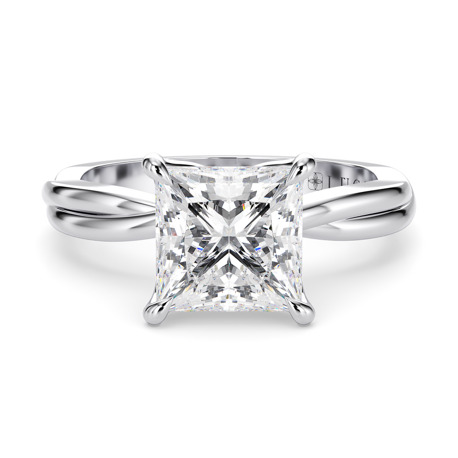 Load image into Gallery viewer, LUCCE Twisting Princess Solitaire Diamond Engagement Ring with Petal Prongs in Gold or Platinum
