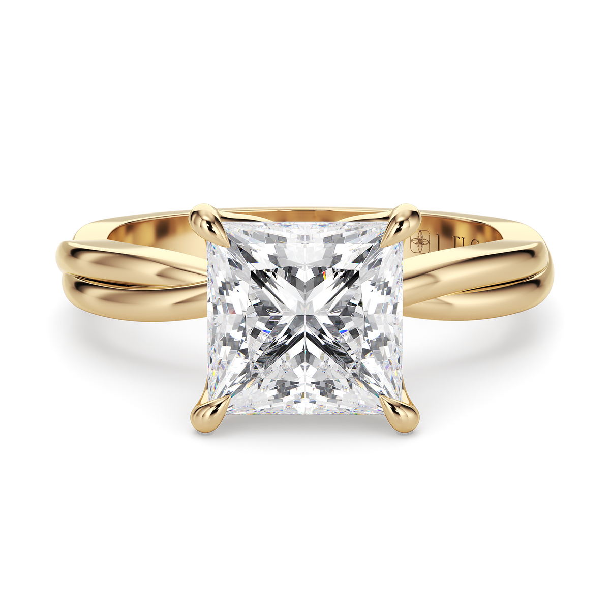 Load image into Gallery viewer, LUCCE Twisting Princess Solitaire Diamond Engagement Ring with Petal Prongs in Gold or Platinum
