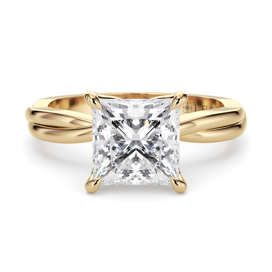 Load image into Gallery viewer, LUCCE Twisting Princess Solitaire Diamond Engagement Ring with Petal Prongs in Gold or Platinum
