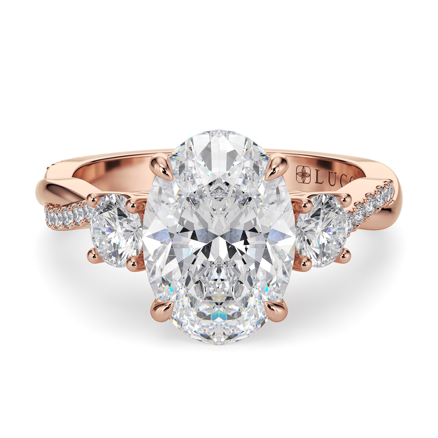 Load image into Gallery viewer, LUCCE Twisting Pavé Oval Trilogy  Diamond Engagement Ring with Petal Prongs in Gold or Platinum
