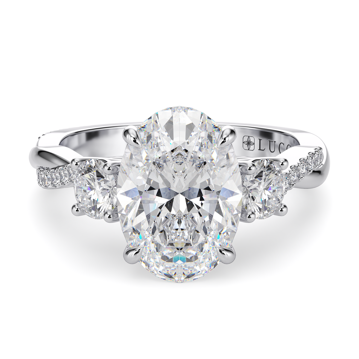 Load image into Gallery viewer, LUCCE Twisting Pavé Oval Trilogy  Diamond Engagement Ring with Petal Prongs in Gold or Platinum
