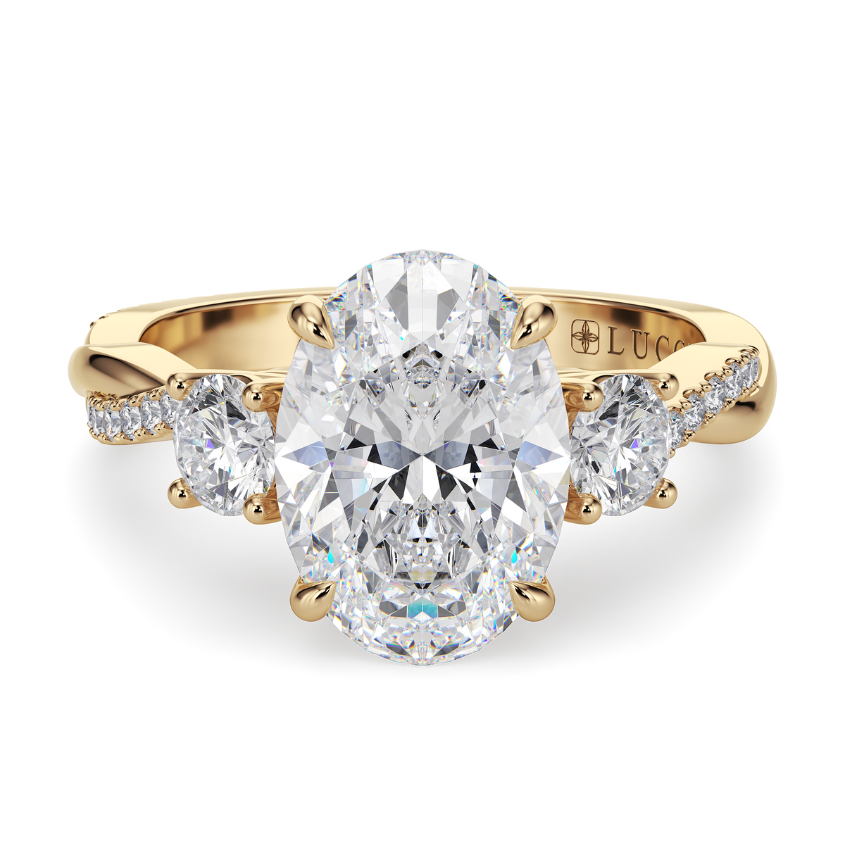 Load image into Gallery viewer, LUCCE Twisting Pavé Oval Trilogy  Diamond Engagement Ring with Petal Prongs in Gold or Platinum

