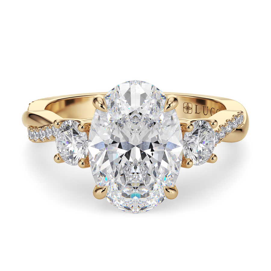 Load image into Gallery viewer, LUCCE Twisting Pavé Oval Trilogy  Diamond Engagement Ring with Petal Prongs in Gold or Platinum
