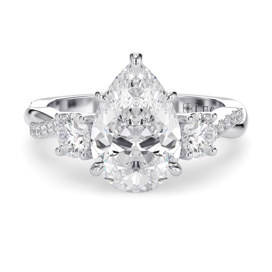 Load image into Gallery viewer, LUCCE Twisting Pear Pavé Trio Diamond Engagement Ring with Petal Prongs in Gold or Platinum
