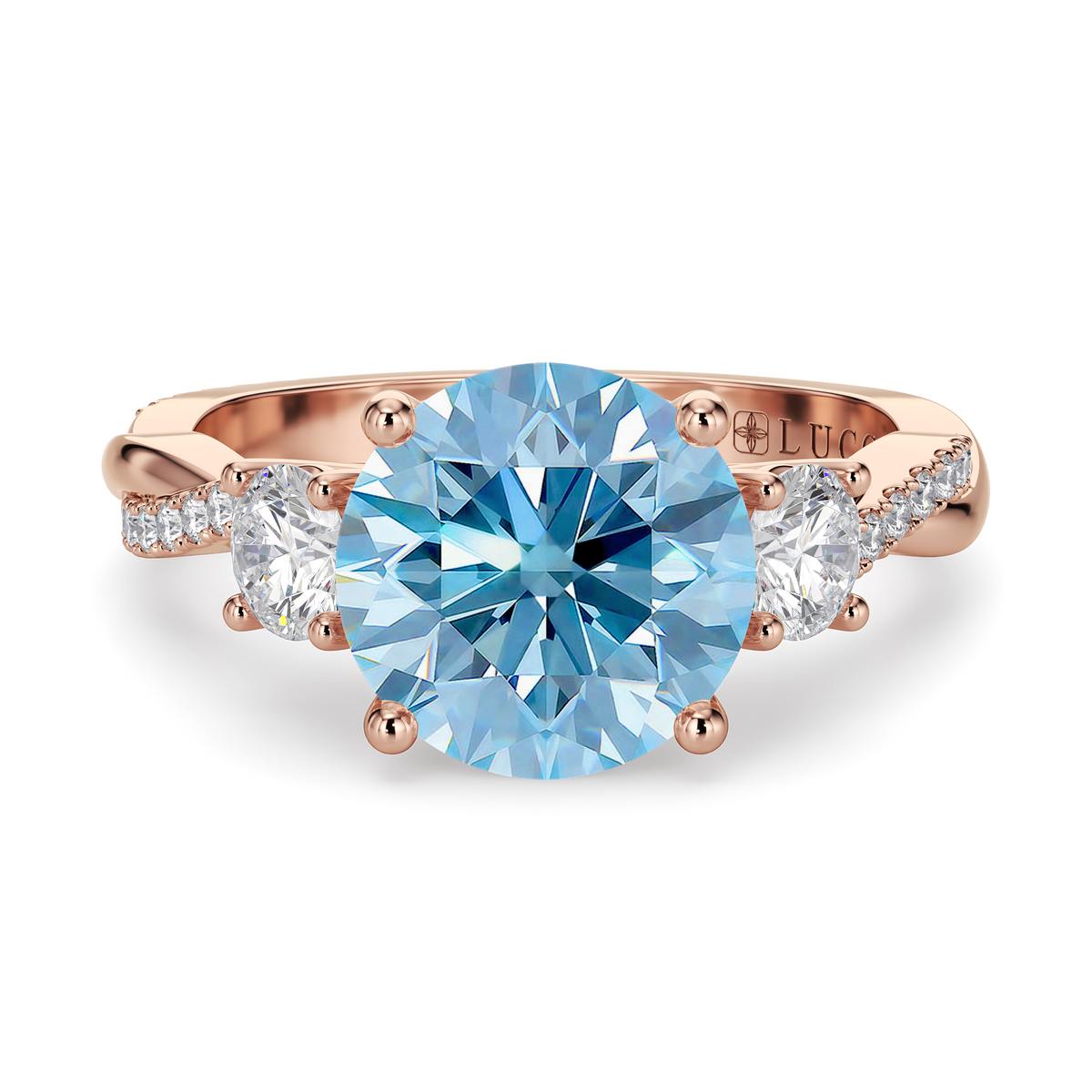 Load image into Gallery viewer, LUCCE Twisting Pavé Round Trilogy Blue Diamond Engagement Ring with Petal Prongs in Gold or Platinum
