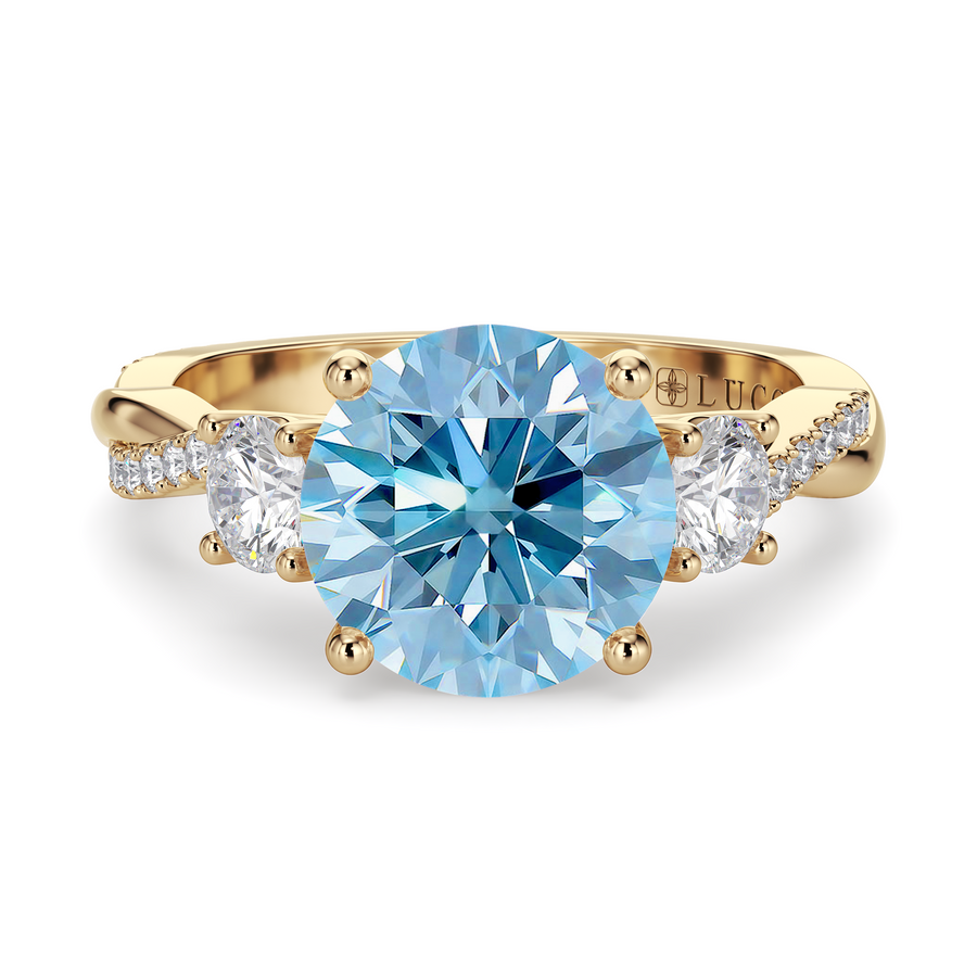 Load image into Gallery viewer, LUCCE Twisting Pavé Round Trilogy Blue Diamond Engagement Ring with Petal Prongs in Gold or Platinum
