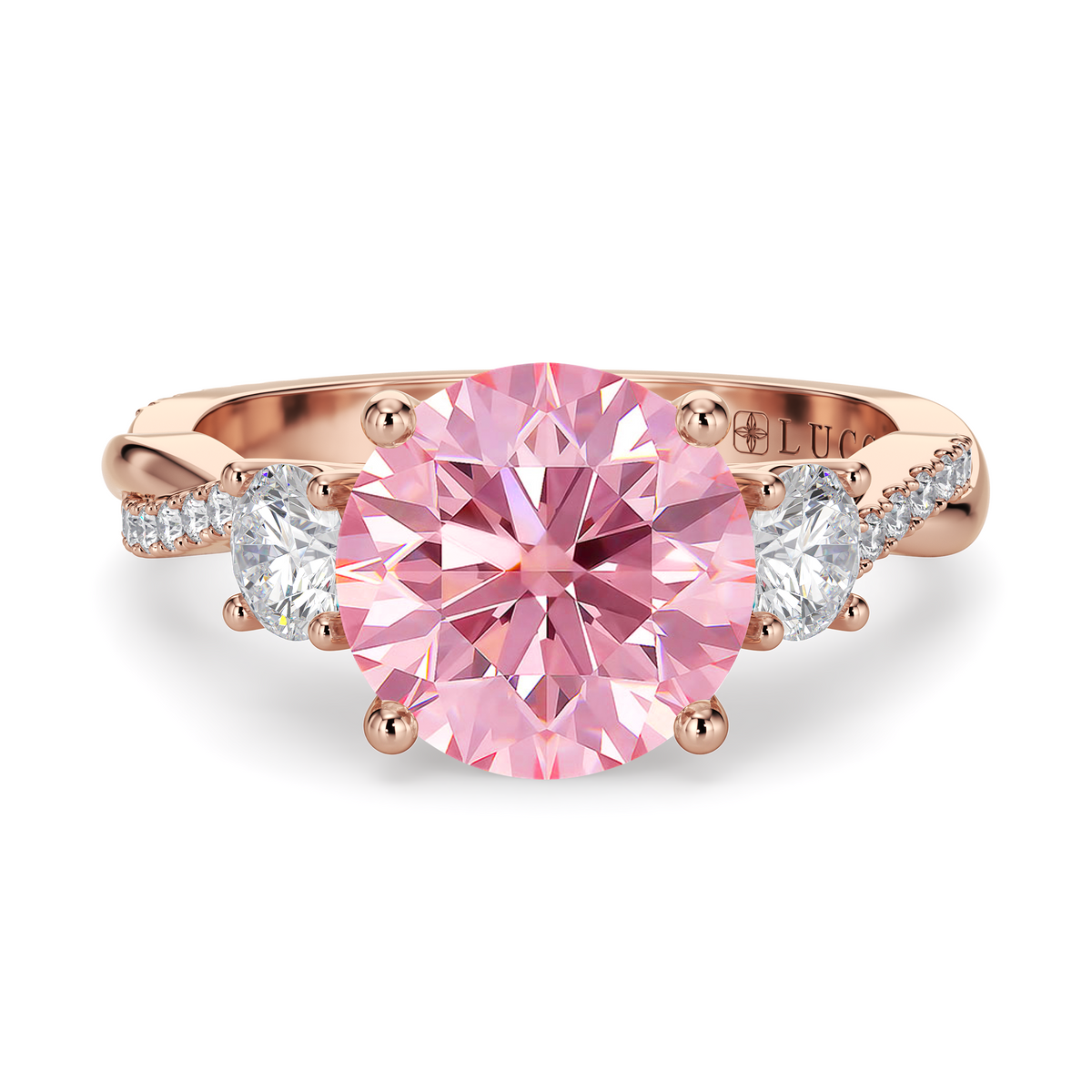 Load image into Gallery viewer, LUCCE Twisting Pavé Round Trilogy Pink Diamond Engagement Ring with Petal Prongs in Gold or Platinum
