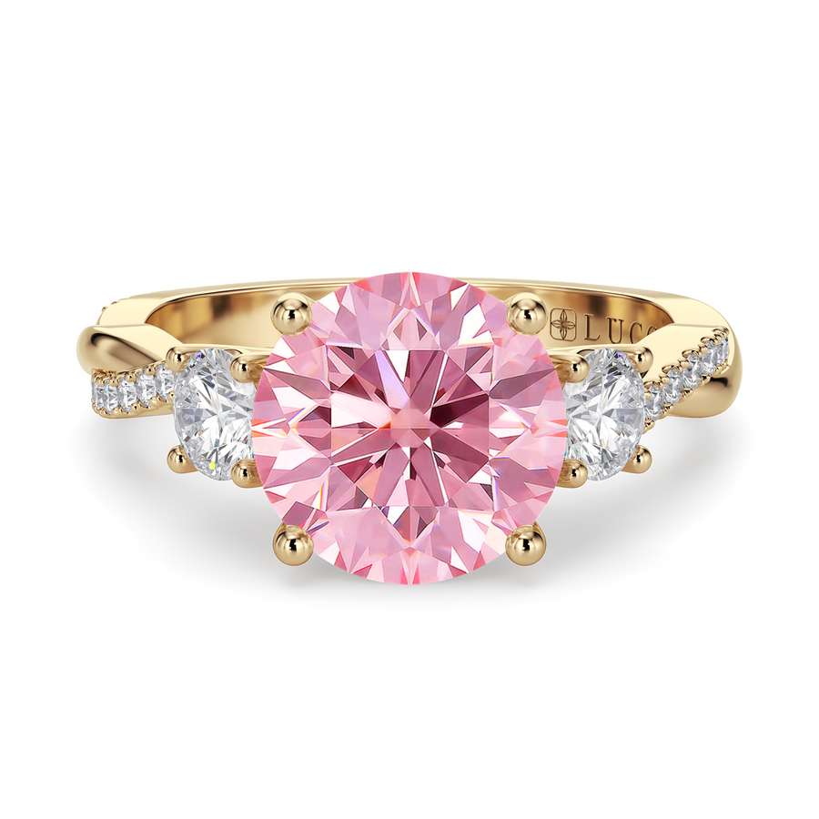 Load image into Gallery viewer, LUCCE Twisting Pavé Round Trilogy Pink Diamond Engagement Ring with Petal Prongs in Gold or Platinum
