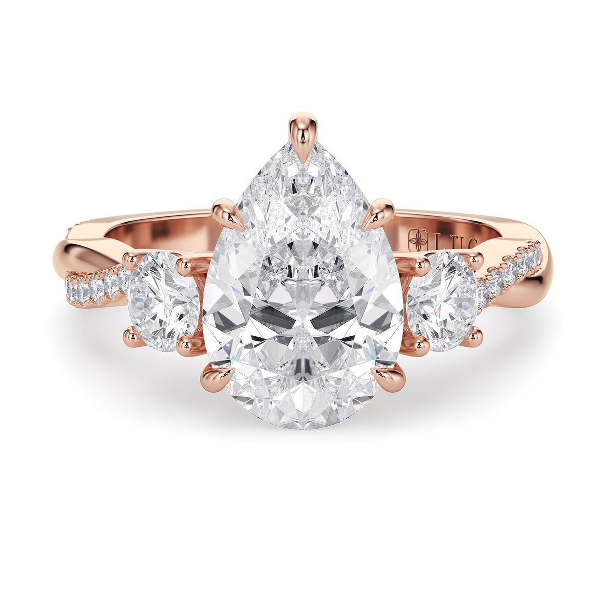Load image into Gallery viewer, LUCCE Twisting Pear Pavé Trio Diamond Engagement Ring with Petal Prongs in Gold or Platinum
