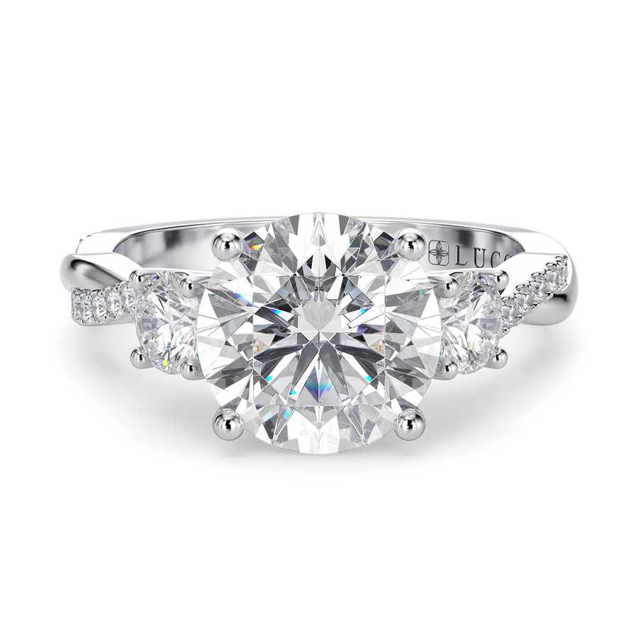Load image into Gallery viewer, LUCCE Twisting Pavé Round Trilogy Diamond Engagement Ring with Petal Prongs in Gold or Platinum
