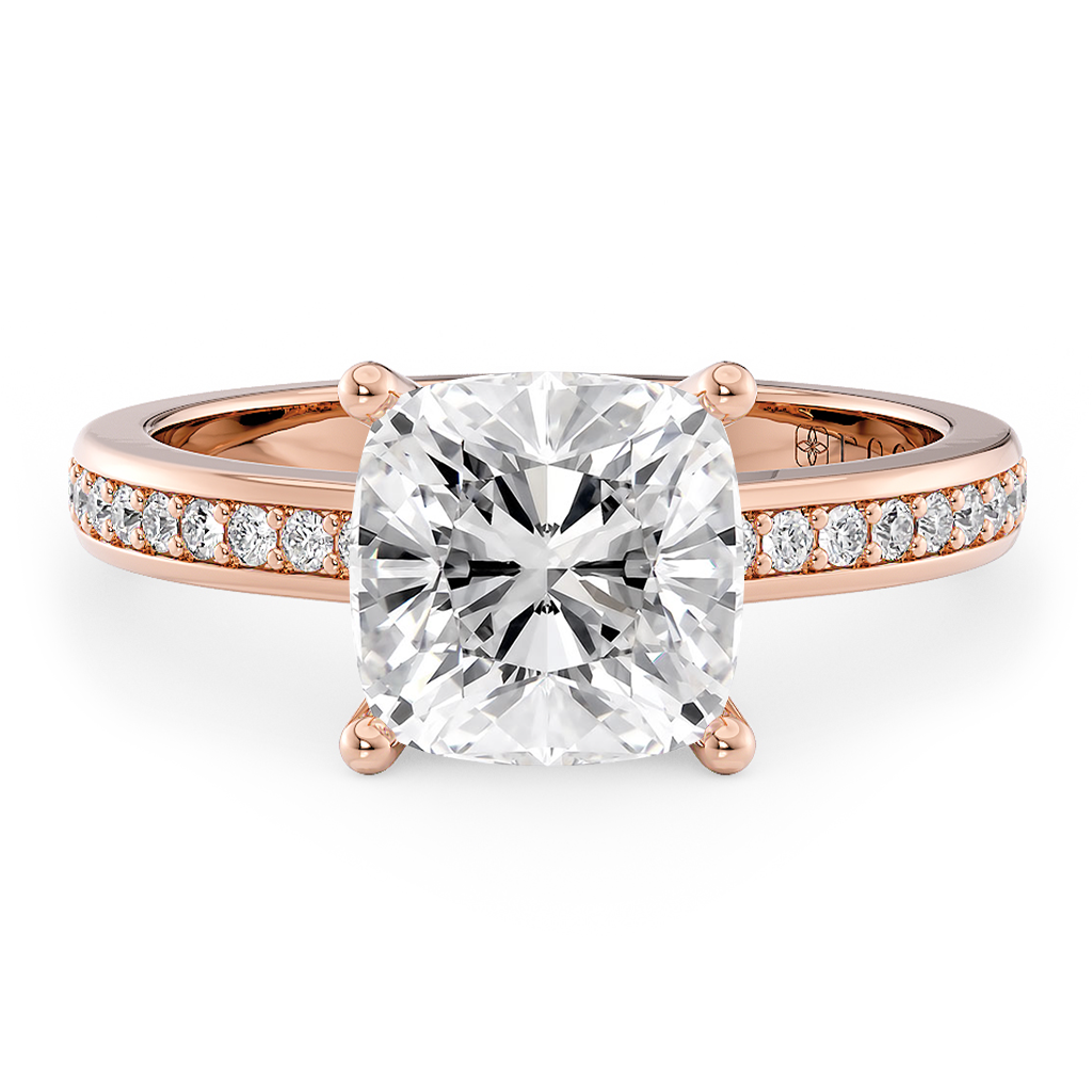 Load image into Gallery viewer, LUCCE Low setting with Bead Bright Channel Pavé Diamond and Gemstone Engagement Ring with Cushion Center Stone in Gold or Platinum
