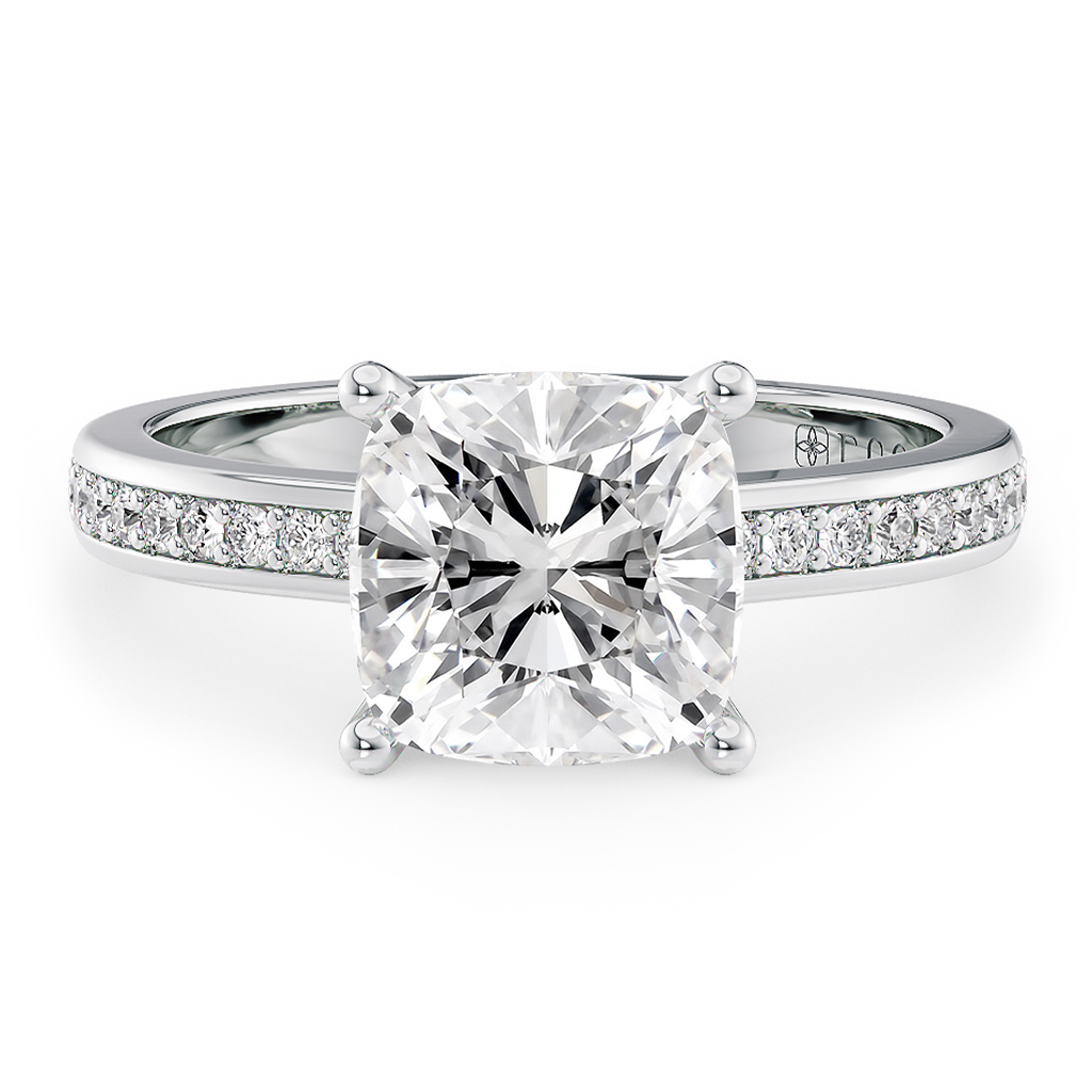 Load image into Gallery viewer, LUCCE Low setting with Bead Bright Channel Pavé Diamond and Gemstone Engagement Ring with Cushion Center Stone in Gold or Platinum
