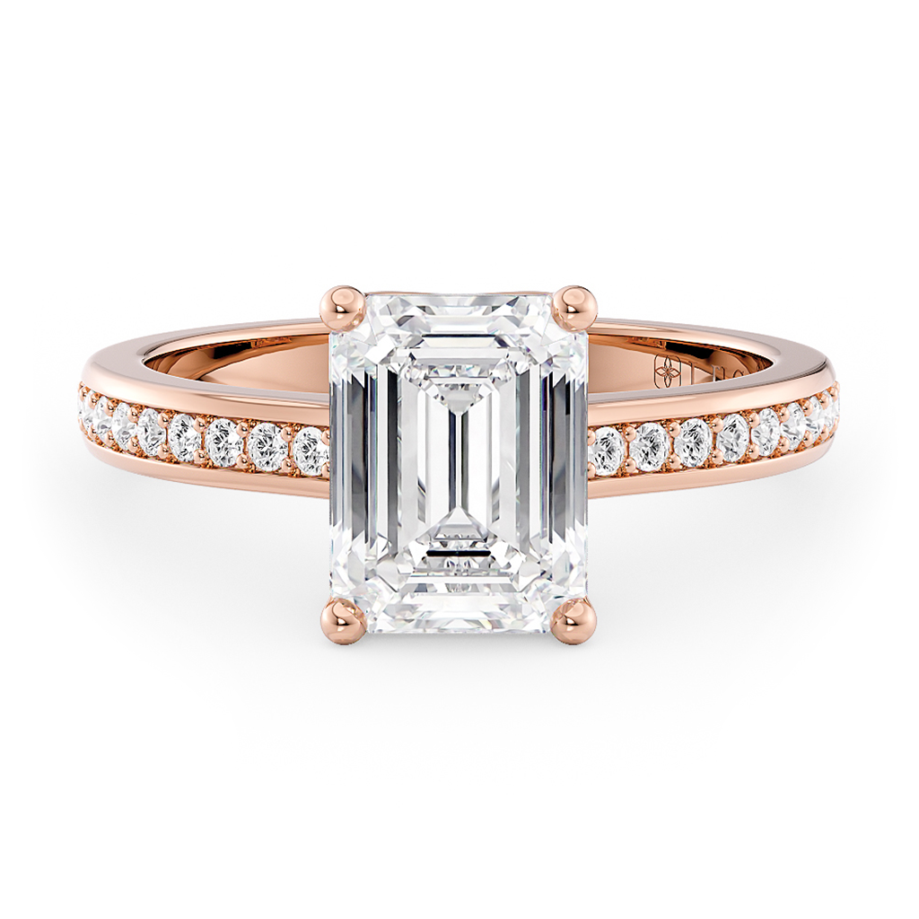 Load image into Gallery viewer, LUCCE Low setting with Bead Bright Channel Pavé Diamond and Gemstone Engagement Ring with Emerald Center Stone in Gold or Platinum
