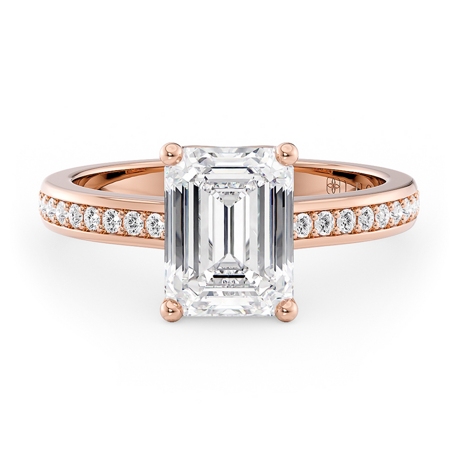 Load image into Gallery viewer, LUCCE Low setting with Bead Bright Channel Pavé Diamond and Gemstone Engagement Ring with Emerald Center Stone in Gold or Platinum
