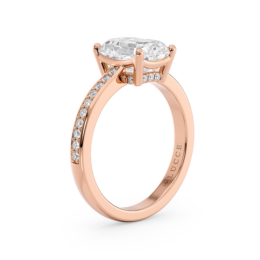 Load image into Gallery viewer, LUCCE Low setting with Bead Bright Channel Pavé Diamond and Gemstone Engagement Ring with Emerald Center Stone in Gold or Platinum
