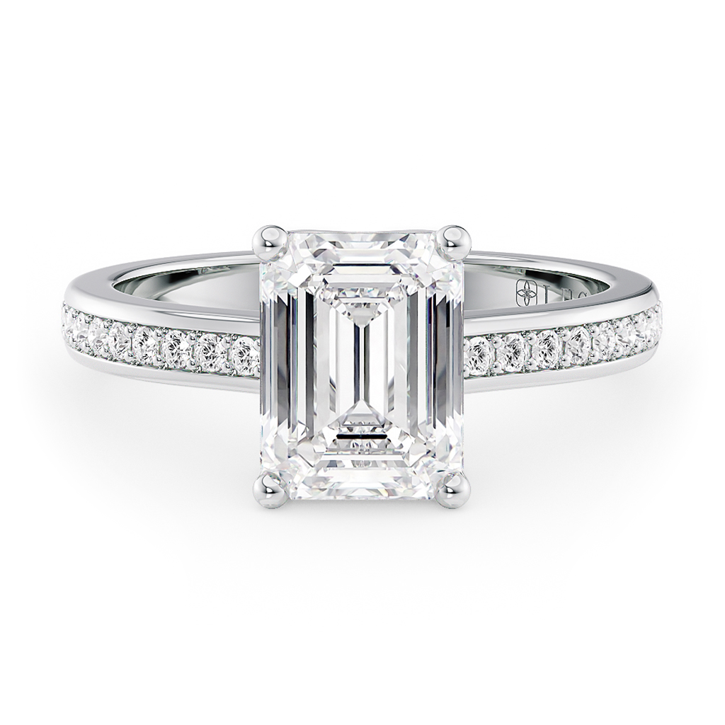 Load image into Gallery viewer, LUCCE Low setting with Bead Bright Channel Pavé Diamond and Gemstone Engagement Ring with Emerald Center Stone in Gold or Platinum
