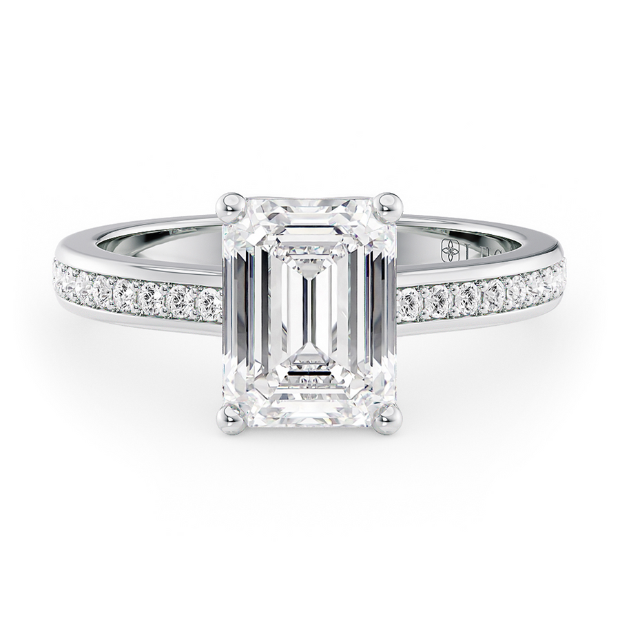 Load image into Gallery viewer, LUCCE Low setting with Bead Bright Channel Pavé Diamond and Gemstone Engagement Ring with Emerald Center Stone in Gold or Platinum
