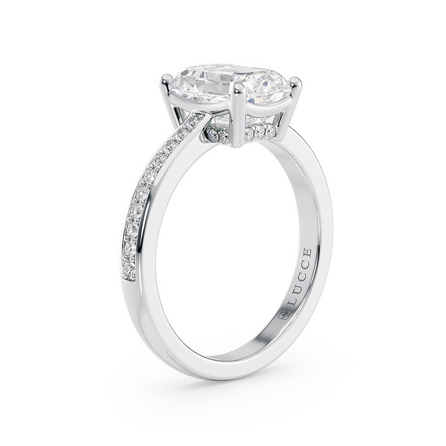 Load image into Gallery viewer, LUCCE Low setting with Bead Bright Channel Pavé Diamond and Gemstone Engagement Ring with Emerald Center Stone in Gold or Platinum
