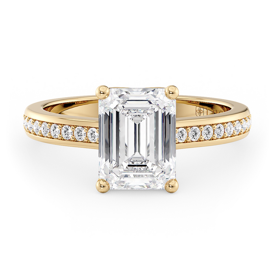 Load image into Gallery viewer, LUCCE Low setting with Bead Bright Channel Pavé Diamond and Gemstone Engagement Ring with Emerald Center Stone in Gold or Platinum
