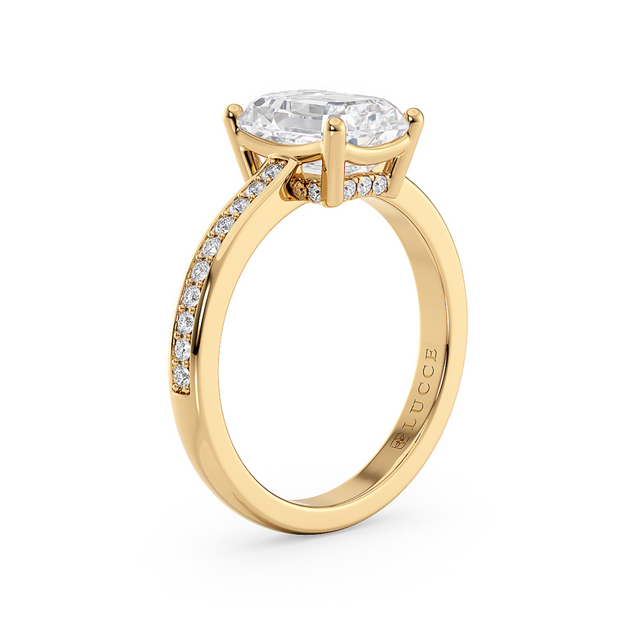 Load image into Gallery viewer, LUCCE Low setting with Bead Bright Channel Pavé Diamond and Gemstone Engagement Ring with Emerald Center Stone in Gold or Platinum
