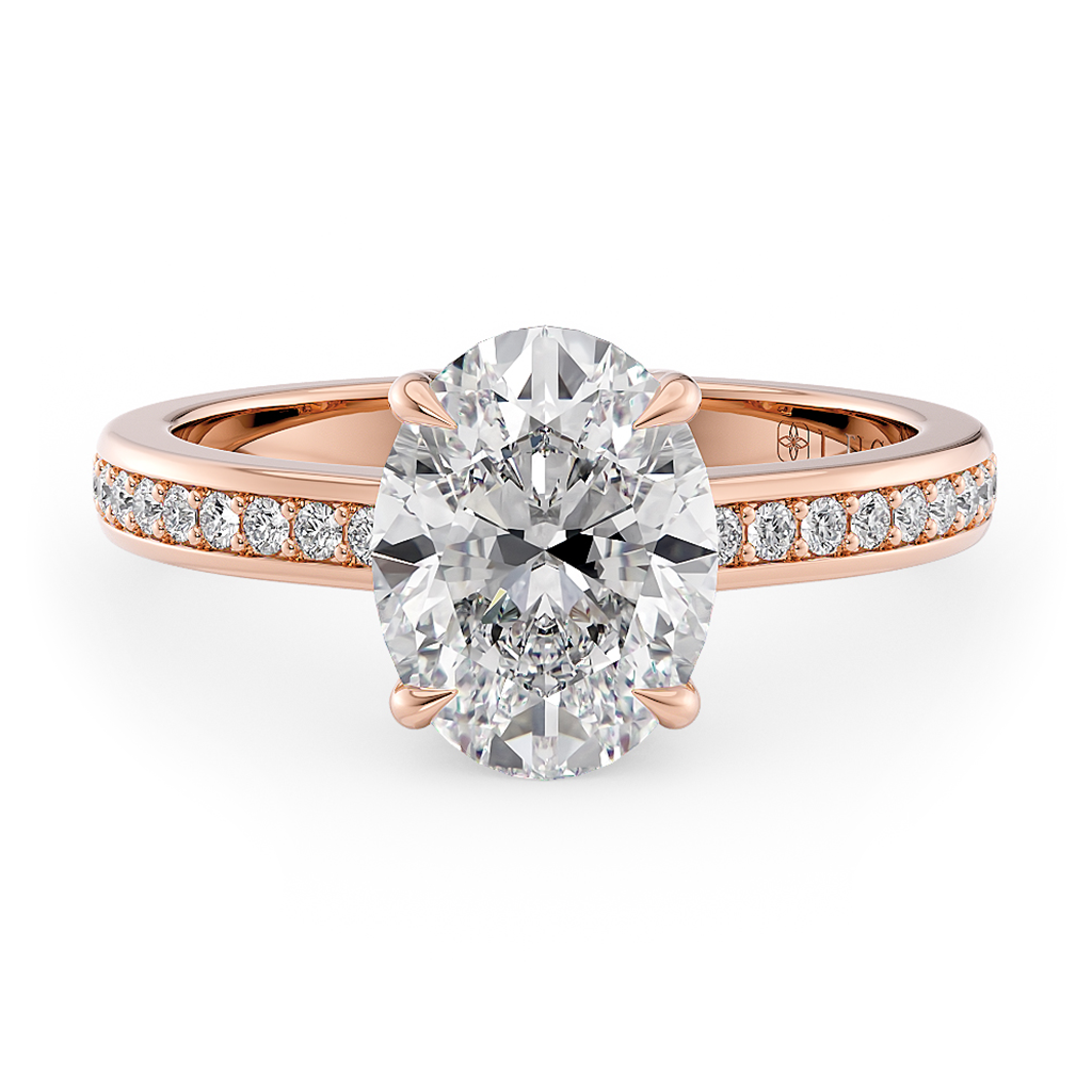Load image into Gallery viewer, LUCCE Low setting with Bead Bright Channel Pavé Diamond and Gemstone Engagement Ring with Oval Center Stone in Gold or Platinum
