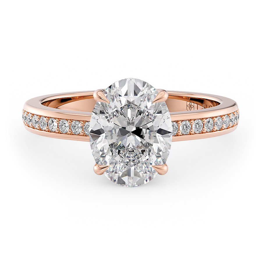 Load image into Gallery viewer, LUCCE Low setting with Bead Bright Channel Pavé Diamond and Gemstone Engagement Ring with Oval Center Stone in Gold or Platinum
