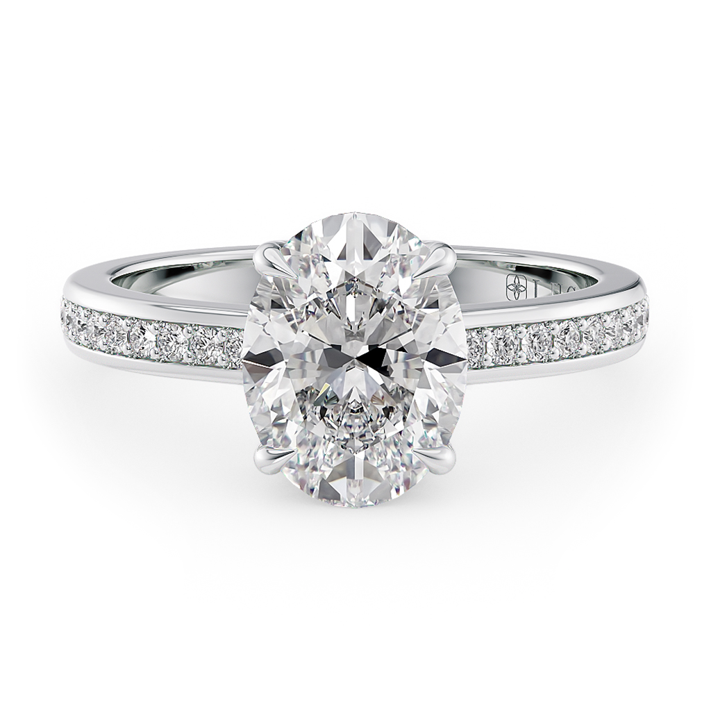 Load image into Gallery viewer, LUCCE Low setting with Bead Bright Channel Pavé Diamond and Gemstone Engagement Ring with Oval Center Stone in Gold or Platinum
