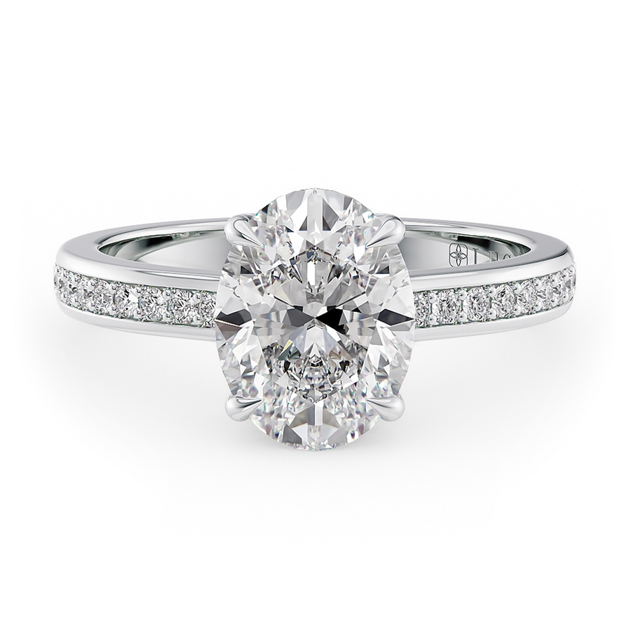 Load image into Gallery viewer, LUCCE Low setting with Bead Bright Channel Pavé Diamond and Gemstone Engagement Ring with Oval Center Stone in Gold or Platinum
