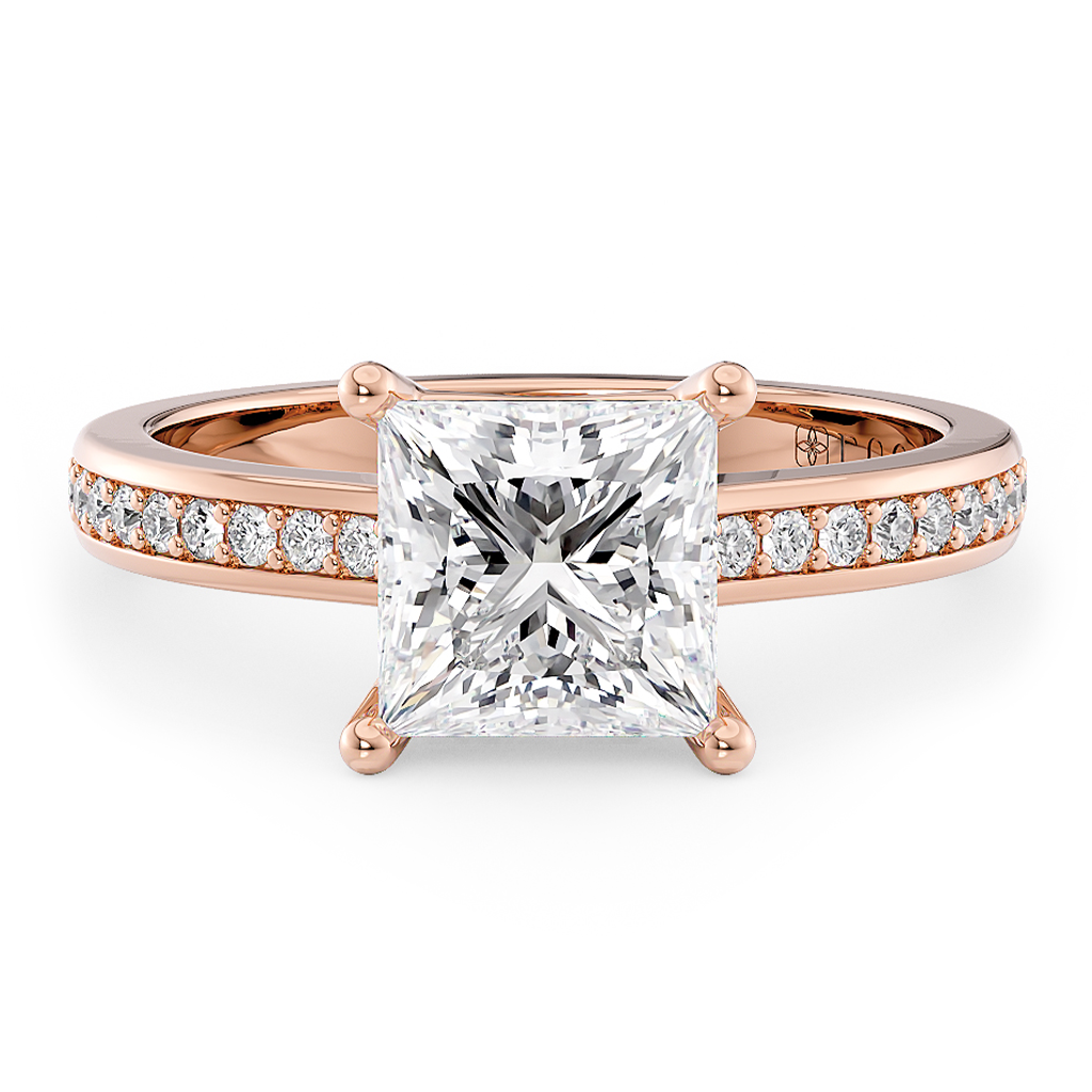 Load image into Gallery viewer, LUCCE Low setting with Bead Bright Channel Pavé Diamond and Gemstone Engagement Ring with Princess Center Stone in Gold or Platinum
