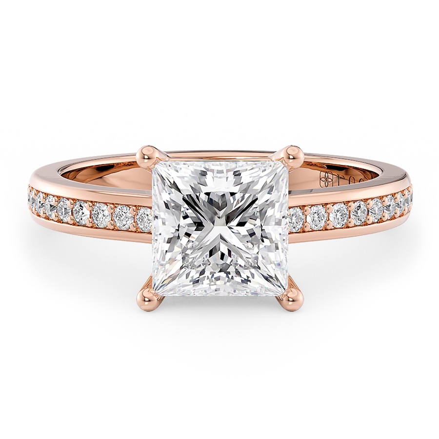 Load image into Gallery viewer, LUCCE Low setting with Bead Bright Channel Pavé Diamond and Gemstone Engagement Ring with Princess Center Stone in Gold or Platinum
