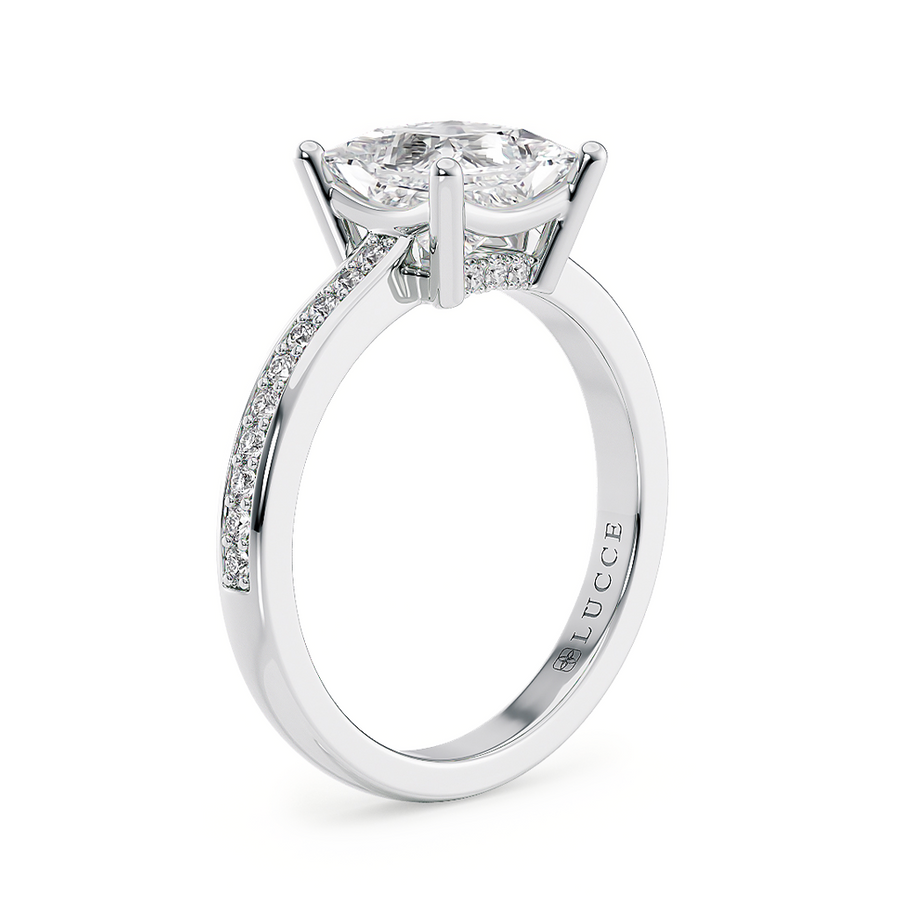 Load image into Gallery viewer, LUCCE Low setting with Bead Bright Channel Pavé Diamond and Gemstone Engagement Ring with Princess Center Stone in Gold or Platinum
