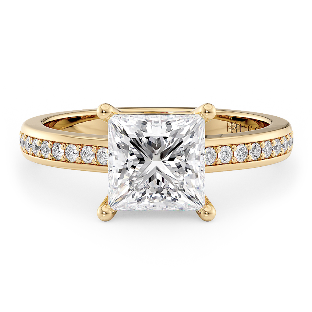 Load image into Gallery viewer, LUCCE Low setting with Bead Bright Channel Pavé Diamond and Gemstone Engagement Ring with Princess Center Stone in Gold or Platinum
