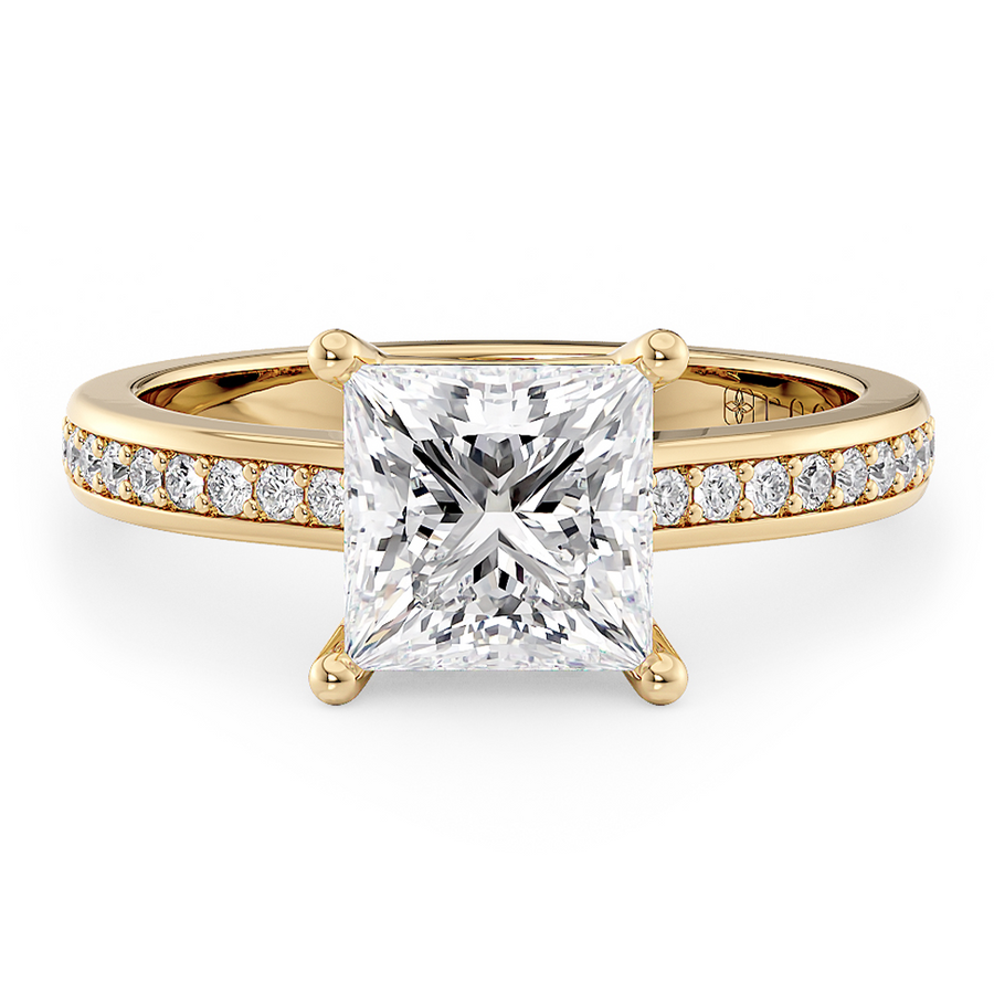 Load image into Gallery viewer, LUCCE Low setting with Bead Bright Channel Pavé Diamond and Gemstone Engagement Ring with Princess Center Stone in Gold or Platinum
