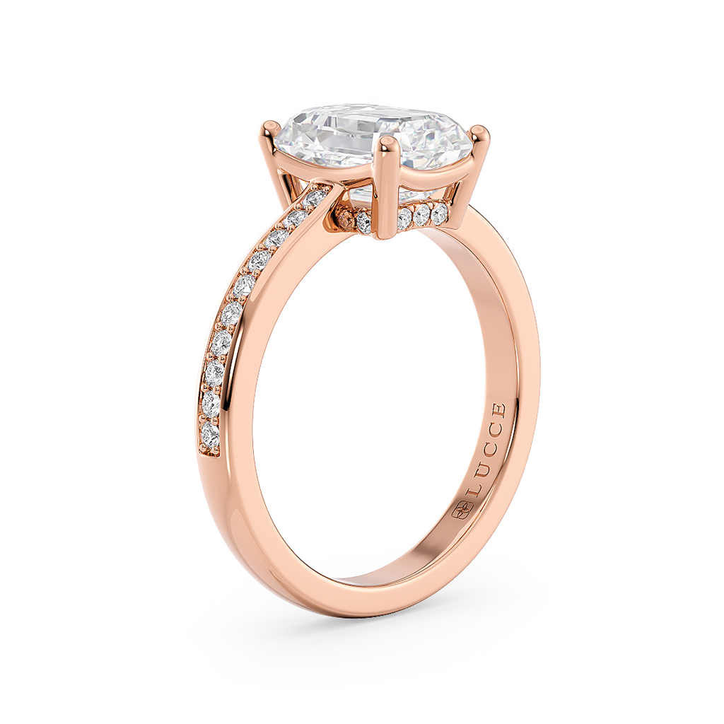 Load image into Gallery viewer, LUCCE Low setting with Bead Bright Channel Pavé Diamond and Gemstone Engagement Ring with Radiant Center Stone in Gold or Platinum
