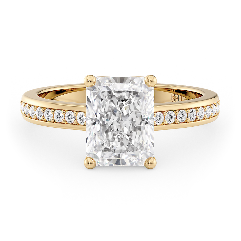 Load image into Gallery viewer, LUCCE Low setting with Bead Bright Channel Pavé Diamond and Gemstone Engagement Ring with Radiant Center Stone in Gold or Platinum
