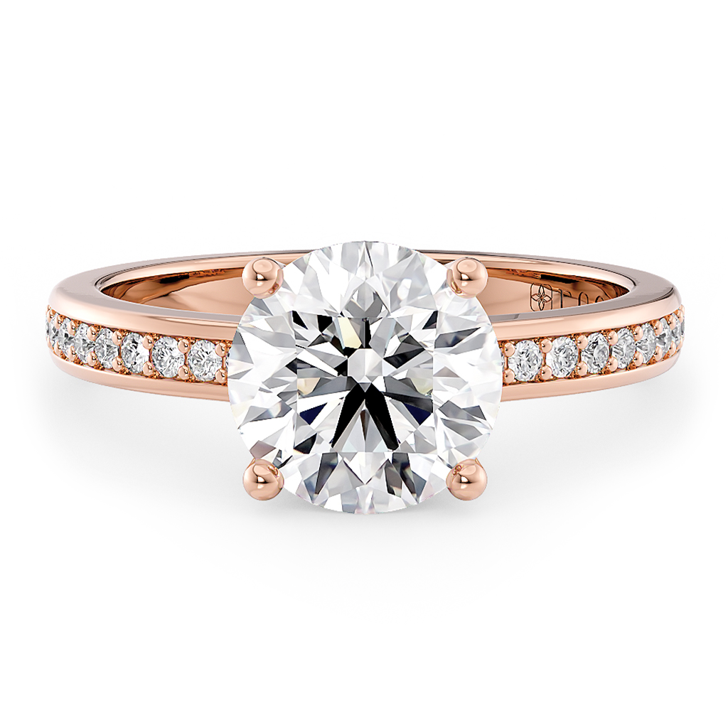 Load image into Gallery viewer, LUCCE Low setting with Bead Bright Channel Pavé Diamond and Gemstone Engagement Ring with Round Center Stone in Gold or Platinum

