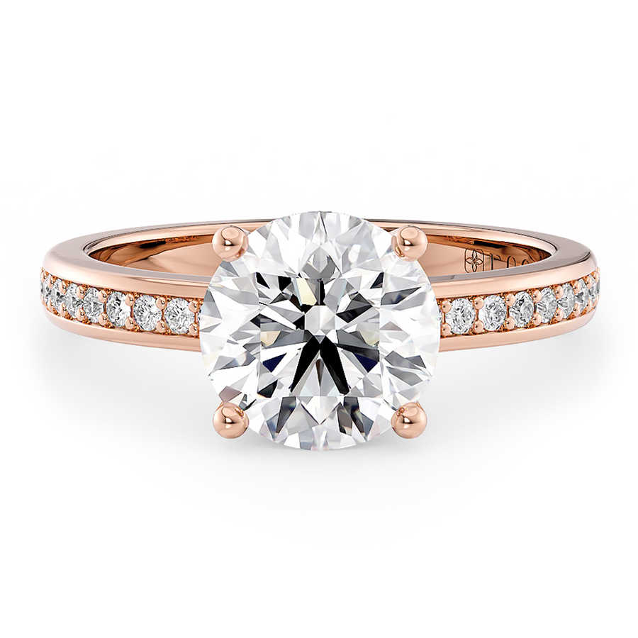 Load image into Gallery viewer, LUCCE Low setting with Bead Bright Channel Pavé Diamond and Gemstone Engagement Ring with Round Center Stone in Gold or Platinum
