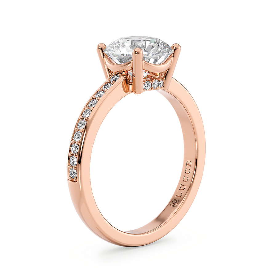Load image into Gallery viewer, LUCCE Low setting with Bead Bright Channel Pavé Diamond and Gemstone Engagement Ring with Round Center Stone in Gold or Platinum
