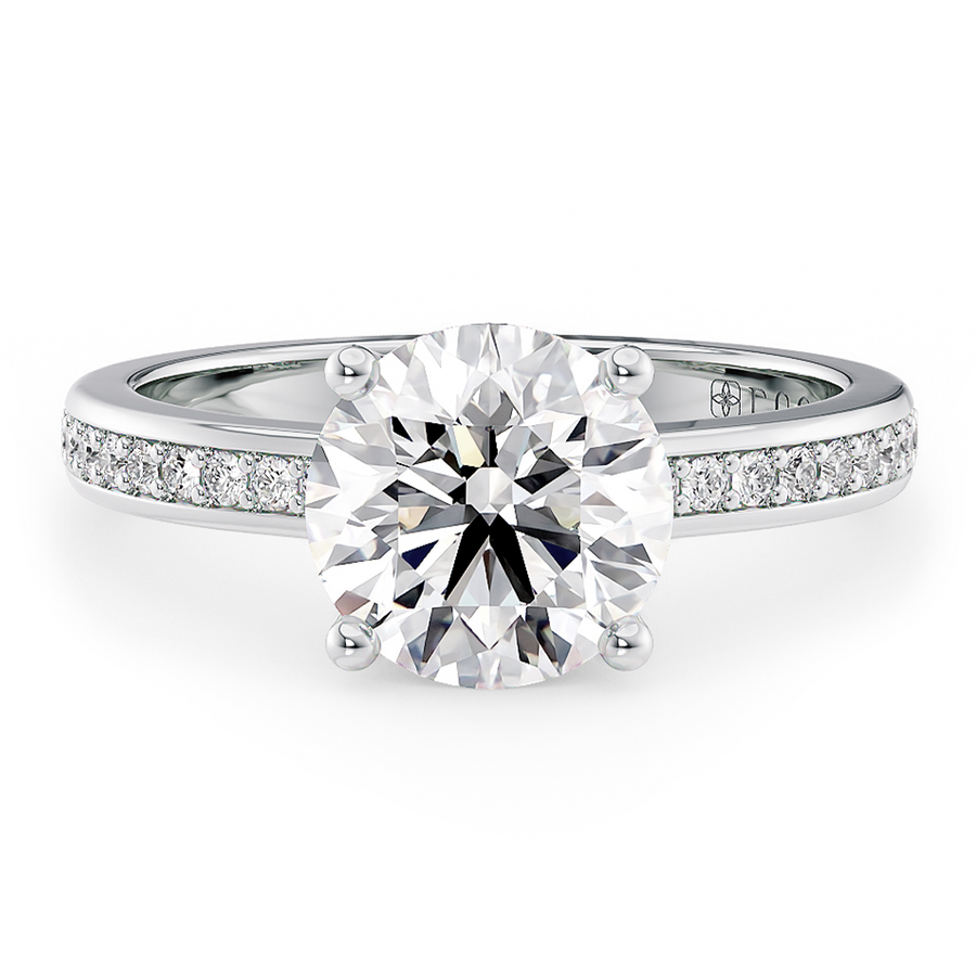 Load image into Gallery viewer, LUCCE Low setting with Bead Bright Channel Pavé Diamond and Gemstone Engagement Ring with Round Center Stone in Gold or Platinum
