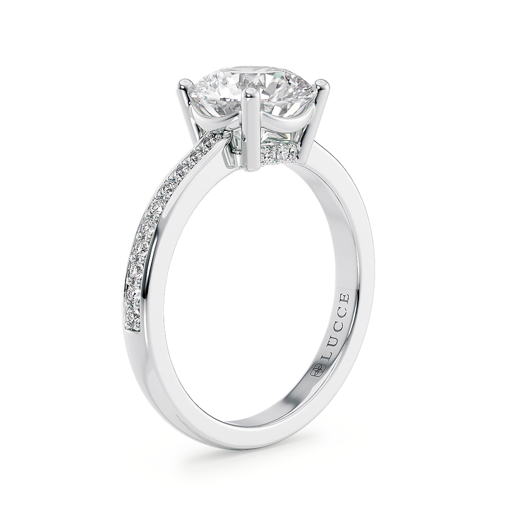 Load image into Gallery viewer, LUCCE Low setting with Bead Bright Channel Pavé Diamond and Gemstone Engagement Ring with Round Center Stone in Gold or Platinum

