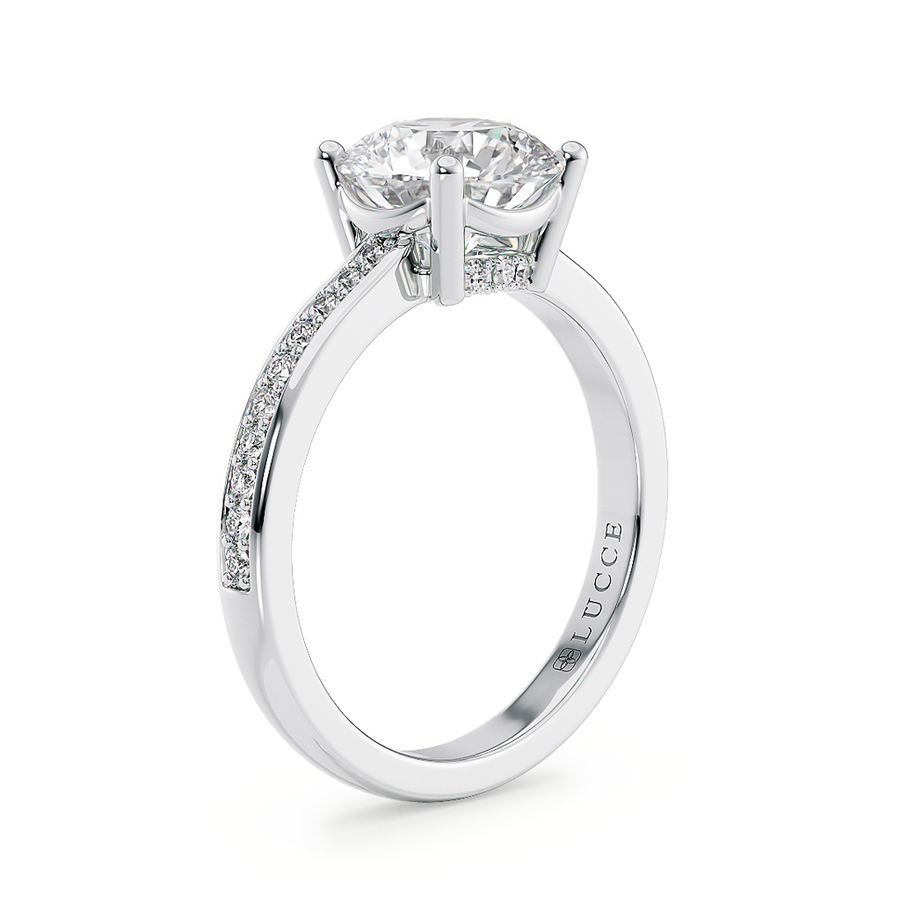 Load image into Gallery viewer, LUCCE Low setting with Bead Bright Channel Pavé Diamond and Gemstone Engagement Ring with Round Center Stone in Gold or Platinum
