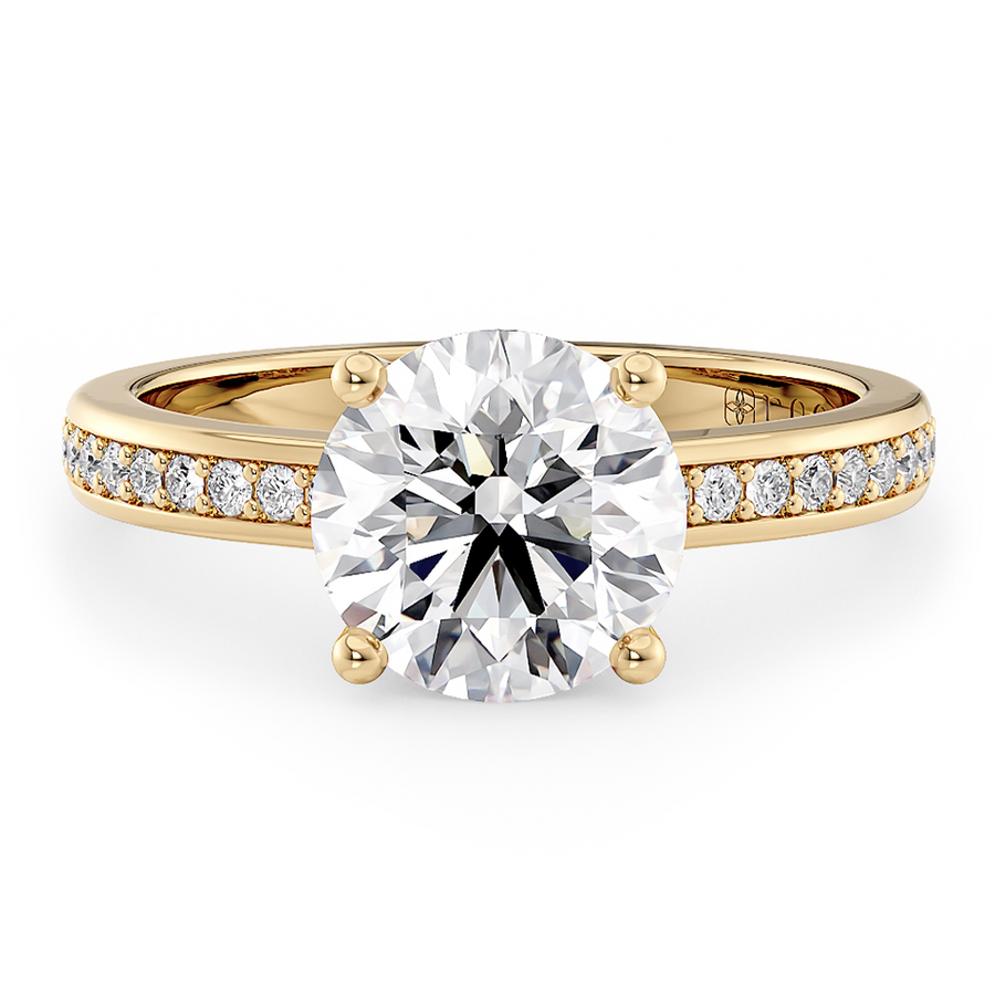 Load image into Gallery viewer, LUCCE Low setting with Bead Bright Channel Pavé Diamond and Gemstone Engagement Ring with Round Center Stone in Gold or Platinum
