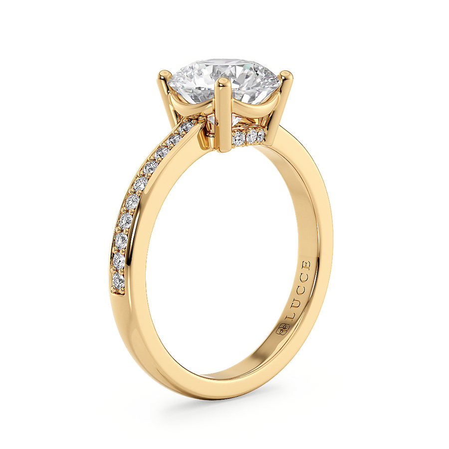 Load image into Gallery viewer, LUCCE Low setting with Bead Bright Channel Pavé Diamond and Gemstone Engagement Ring with Round Center Stone in Gold or Platinum

