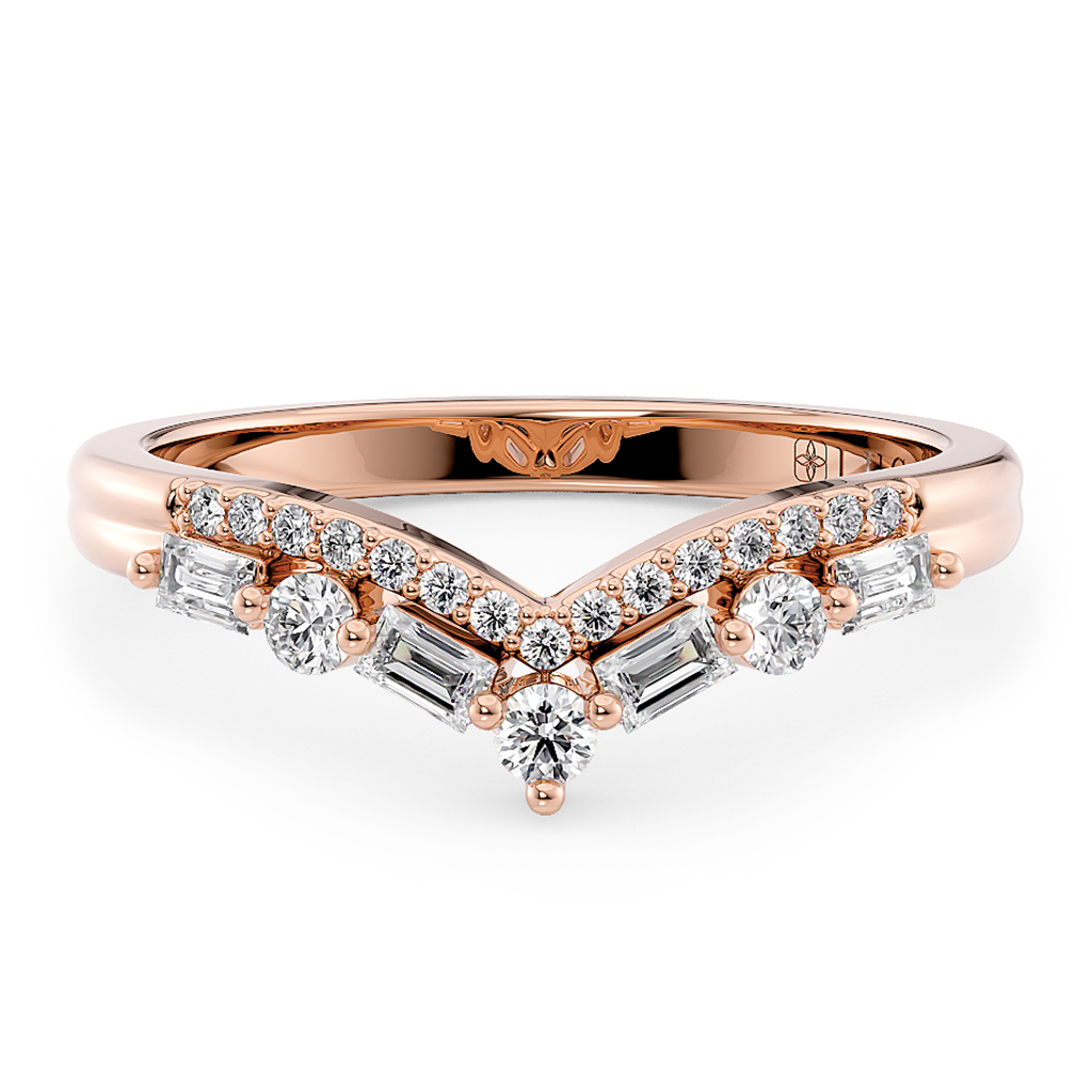 Load image into Gallery viewer, Half Eternity Chevron Pavé and Alternating Round and Baguette Round Diamond Wedding Ring in Gold or Platinum
