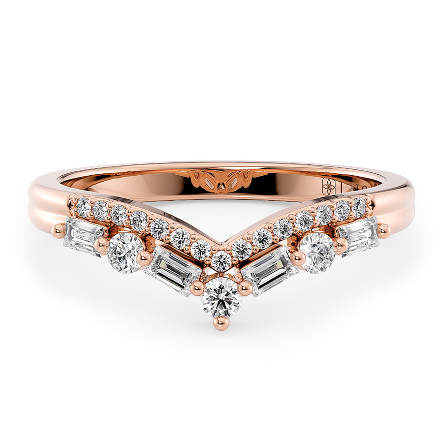 Load image into Gallery viewer, Half Eternity Chevron Pavé and Alternating Round and Baguette Round Diamond Wedding Ring in Gold or Platinum

