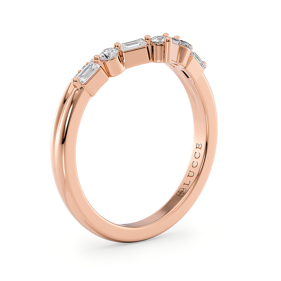 Load image into Gallery viewer, Half Eternity Chevron Pavé and Alternating Round and Baguette Round Diamond Wedding Ring in Gold or Platinum
