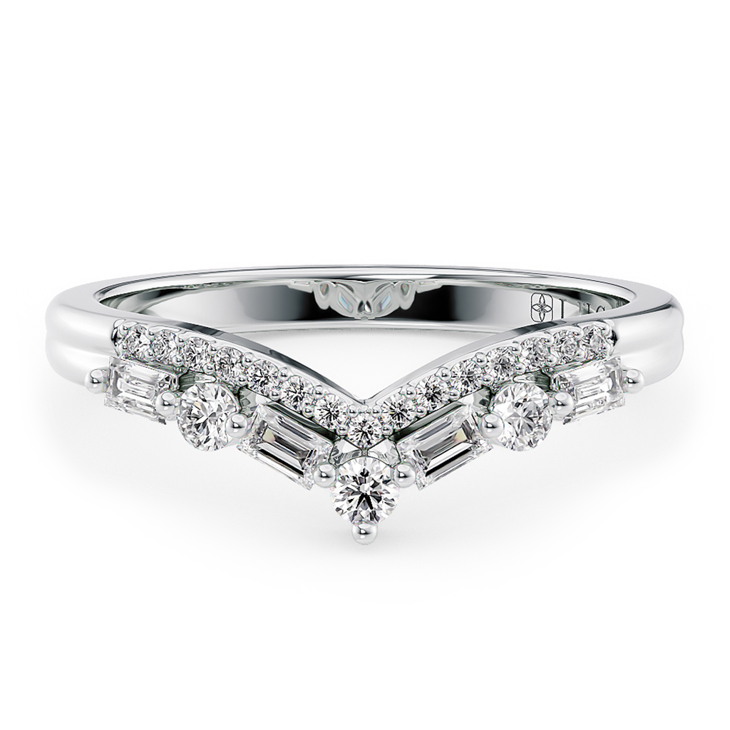 Load image into Gallery viewer, Half Eternity Chevron Pavé and Alternating Round and Baguette Round Diamond Wedding Ring in Gold or Platinum

